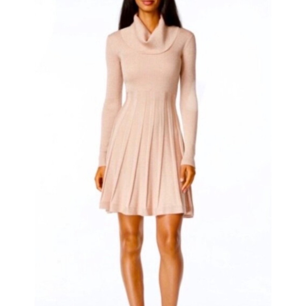 Calvin Klein Womens Blush Pink Cowl Neck Ribbed Pleated Sweater Dress Small